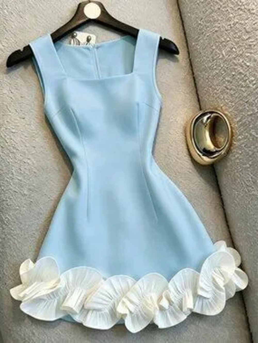 Blue Elegant Women's Patchwork Ruffle Hem Square Neck Sleeveless Dress